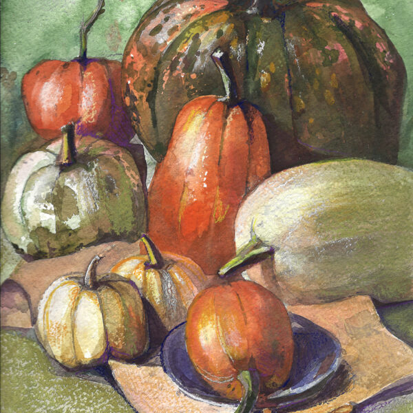 Pumpkins on a green background
